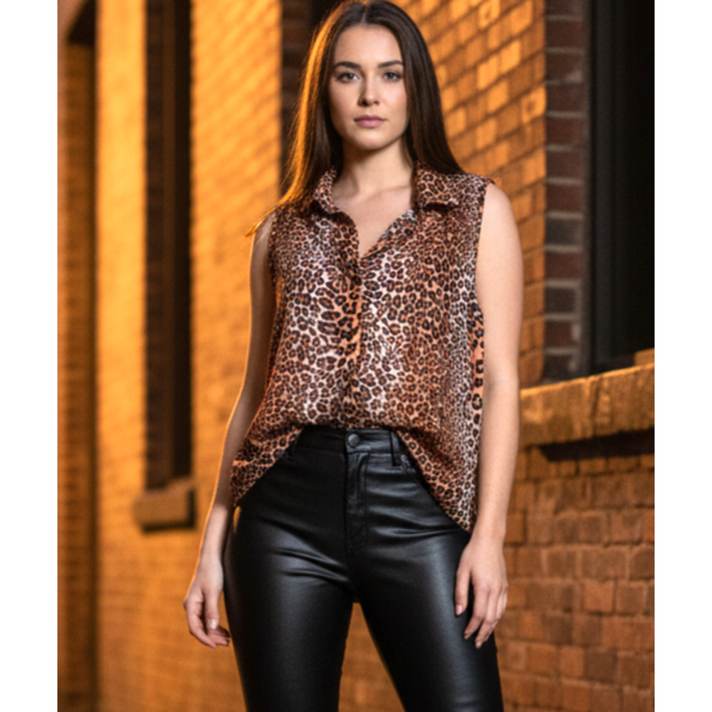 Sleeveless Leopard Print Button-Down Shirt